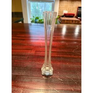 Vintage Clear Paneled Glass Bud Vase - Beaded Edges/ Square Base - 7”